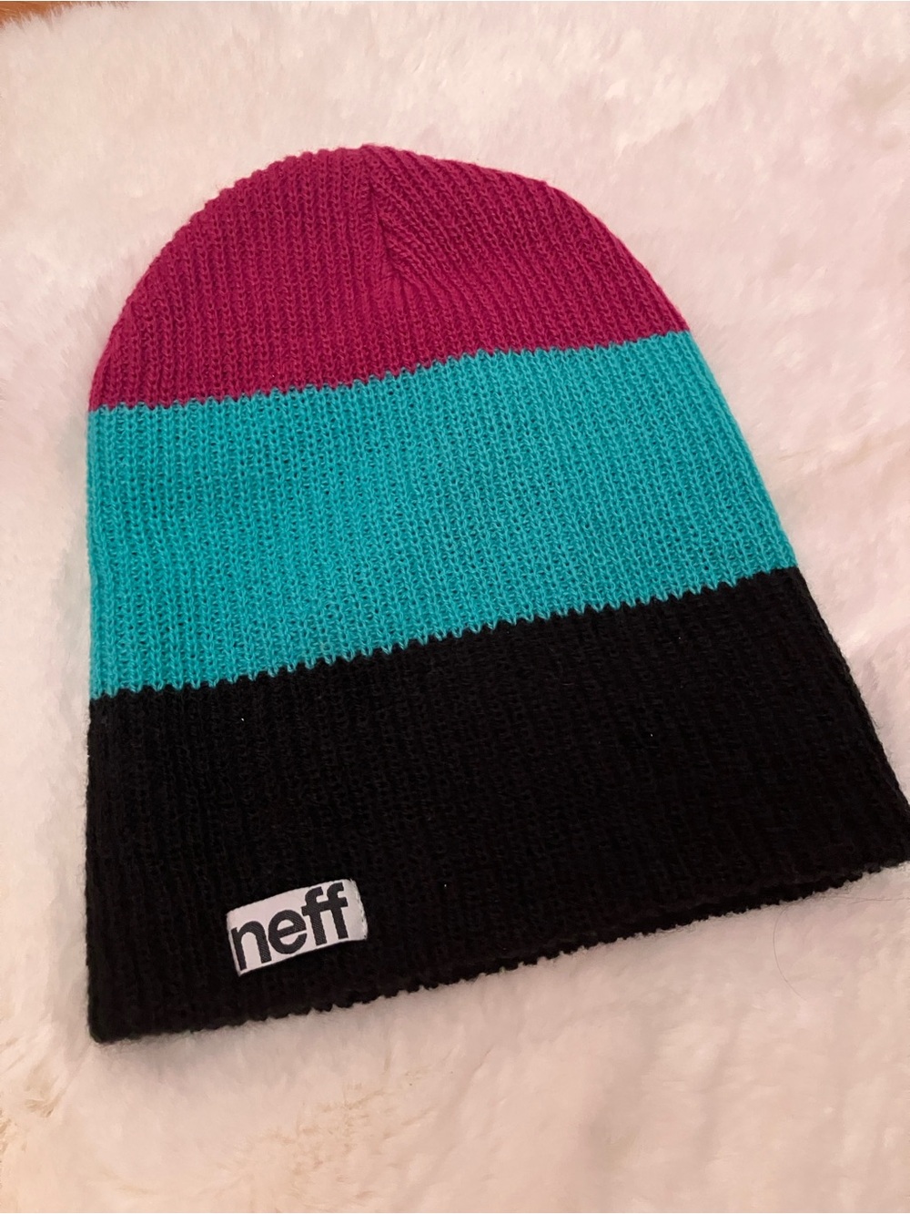 Neff Striped Beanie in Magenta, Teal & Black